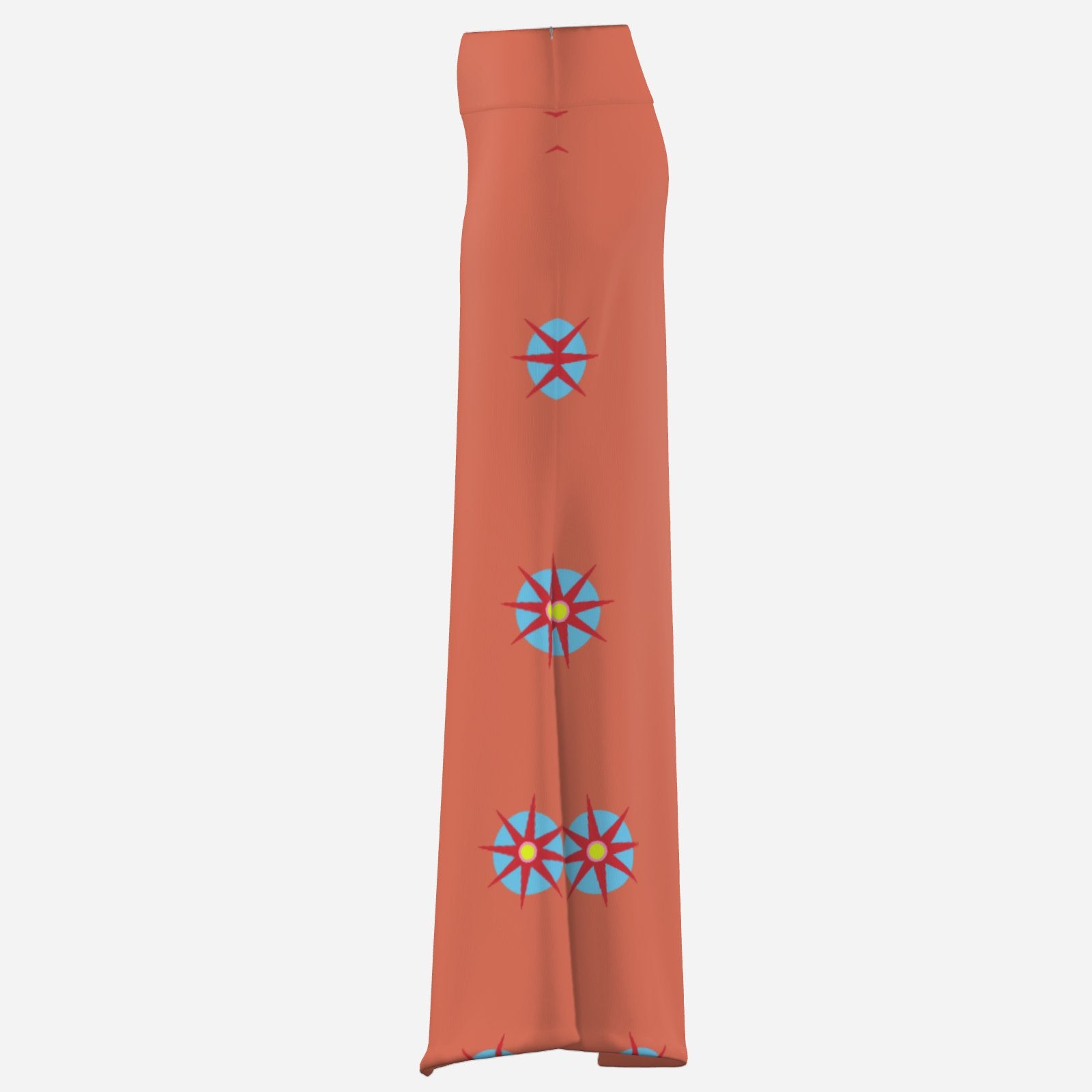 Melammu designer skirt maxi flare orange geometric star motif celestial portals esoteric clothing bright bold garments statement fashion ultra cool