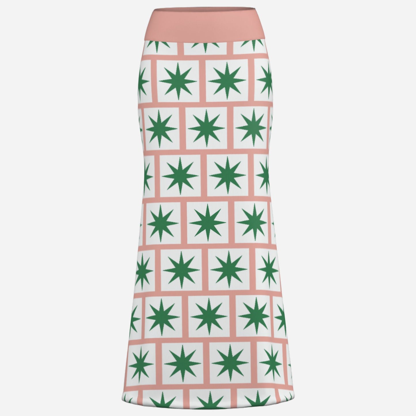 Bold Designer Valentina Theodora skirt pink maxi flared skirt with 8 point green star on white square tiles in brick formation statement piece high fashion dare to wear bold colour geometric shapes