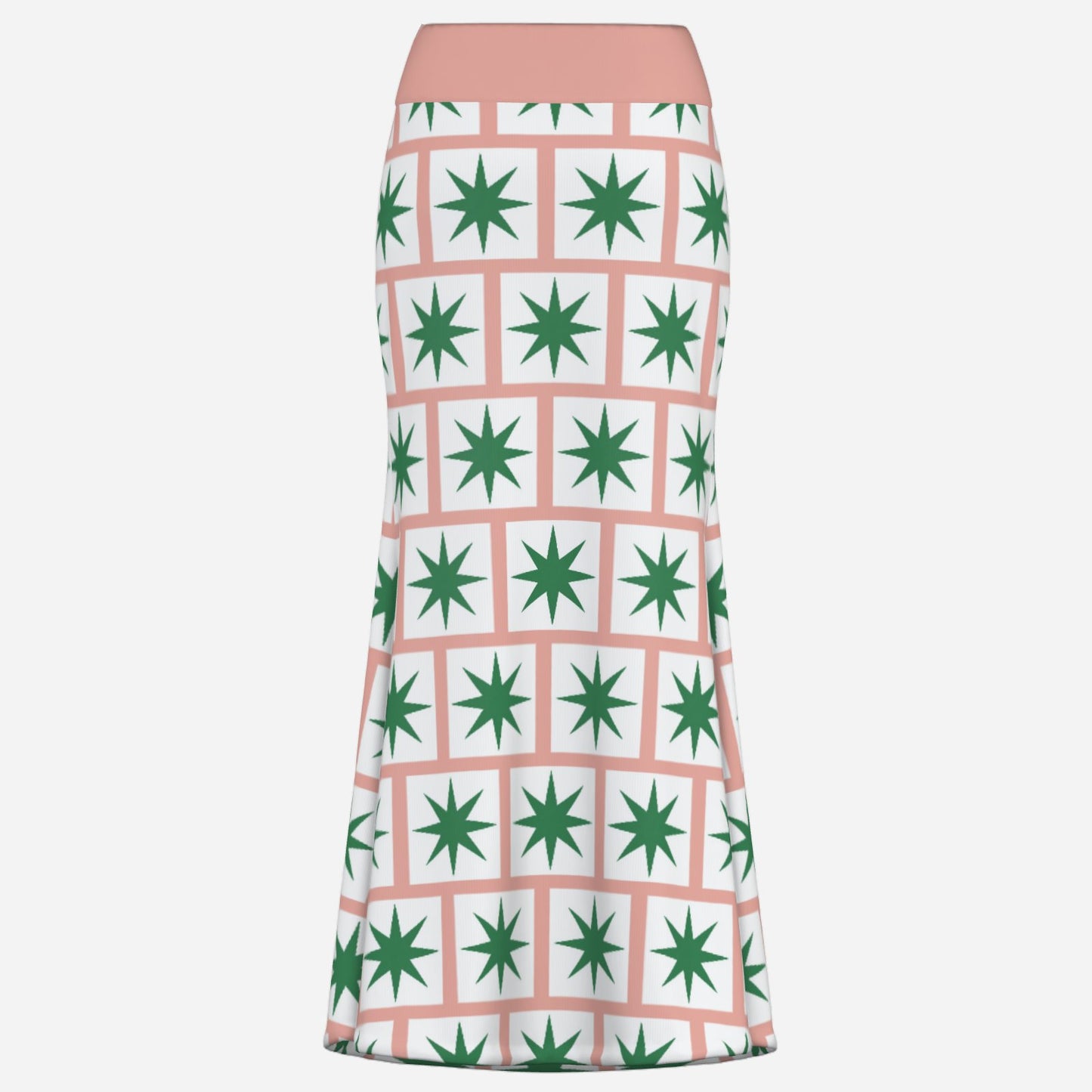 Bold Designer Valentina Theodora skirt pink maxi flared skirt with 8 point green star on white square tiles in brick formation statement piece high fashion dare to wear bold colour geometric shapes