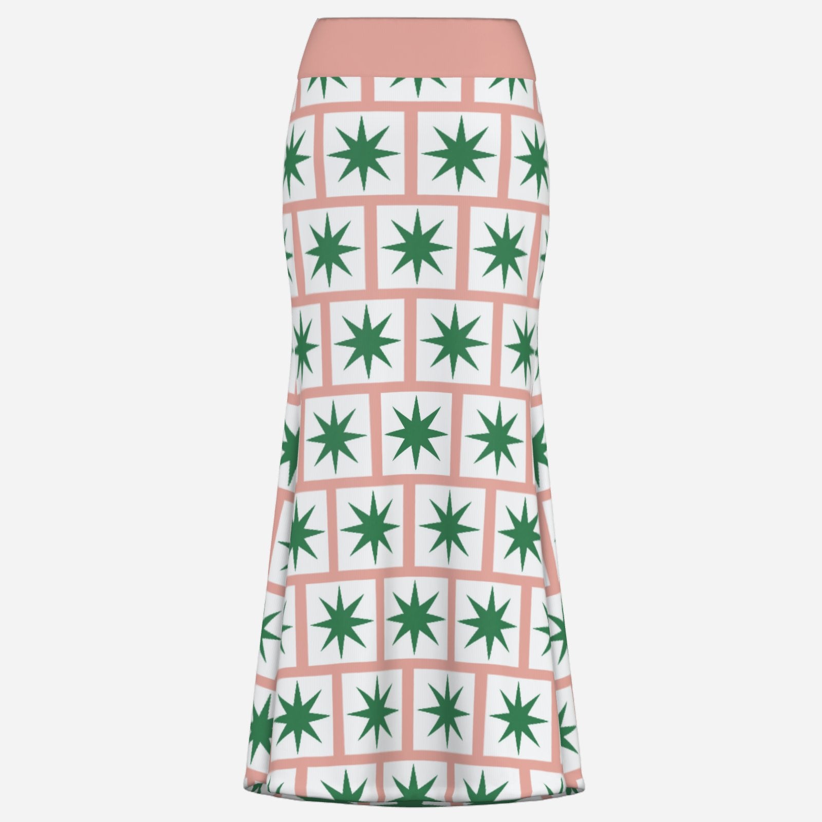 Bold Designer Valentina Theodora skirt pink maxi flared skirt with 8 point green star on white square tiles in brick formation statement piece high fashion dare to wear bold colour geometric shapes