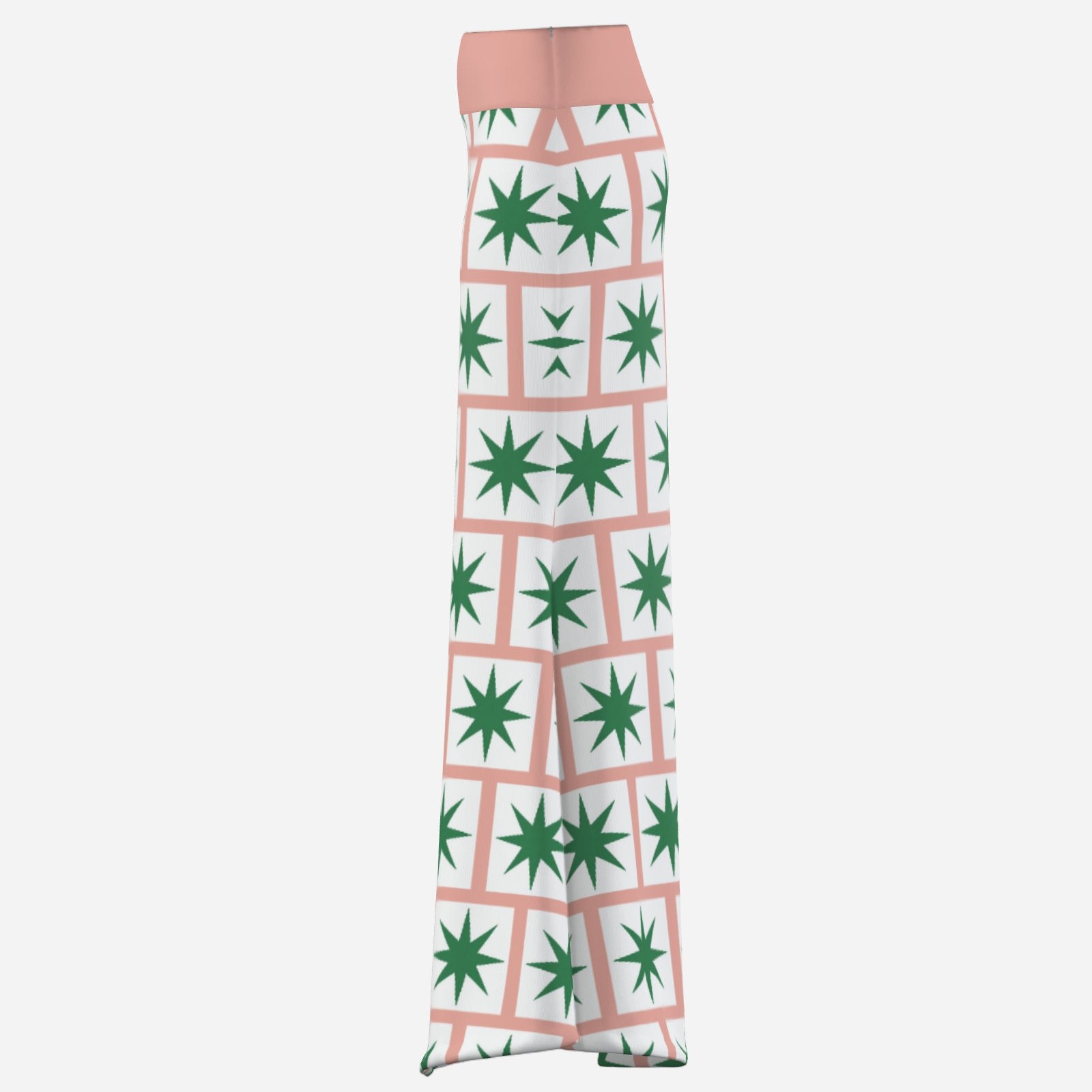 Bold Designer Valentina Theodora skirt pink maxi flared skirt with 8 point green star on white square tiles in brick formation statement piece high fashion dare to wear bold colour geometric shapes