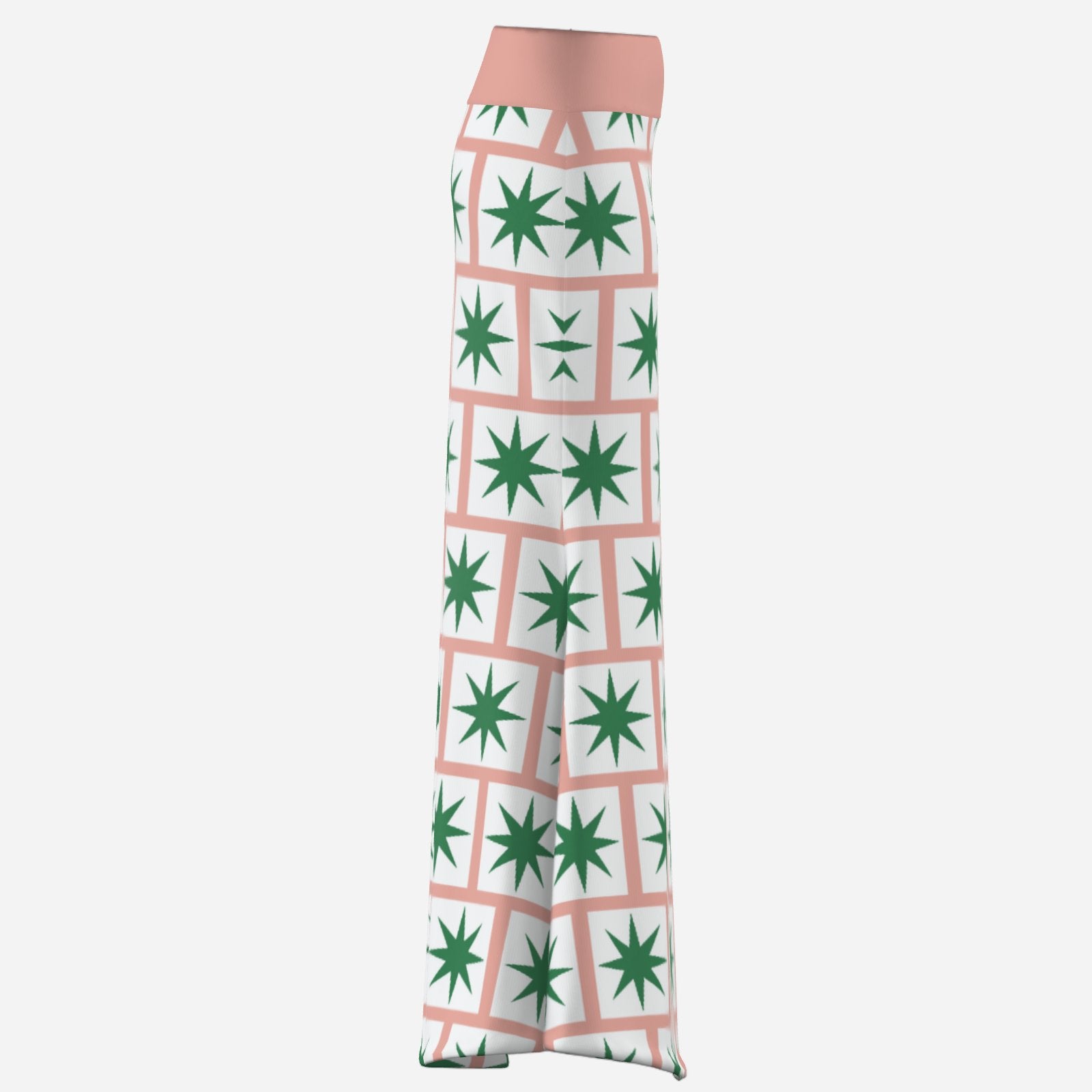 Bold Designer Valentina Theodora skirt pink maxi flared skirt with 8 point green star on white square tiles in brick formation statement piece high fashion dare to wear bold colour geometric shapes