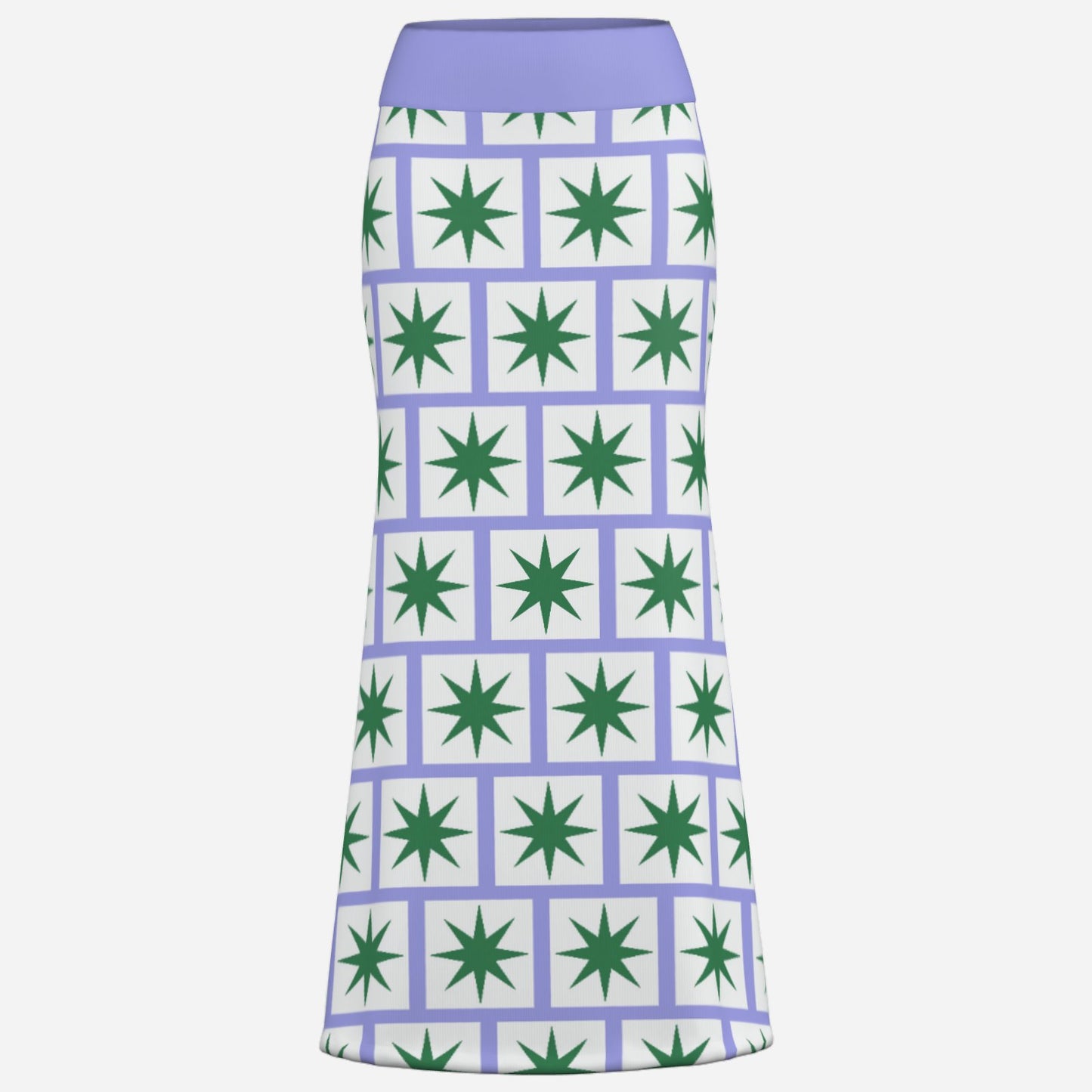 ultra cool bold lilac maxi skirt with flare and geometric 8 point green star on white square tile print by designer Valentina Theodora