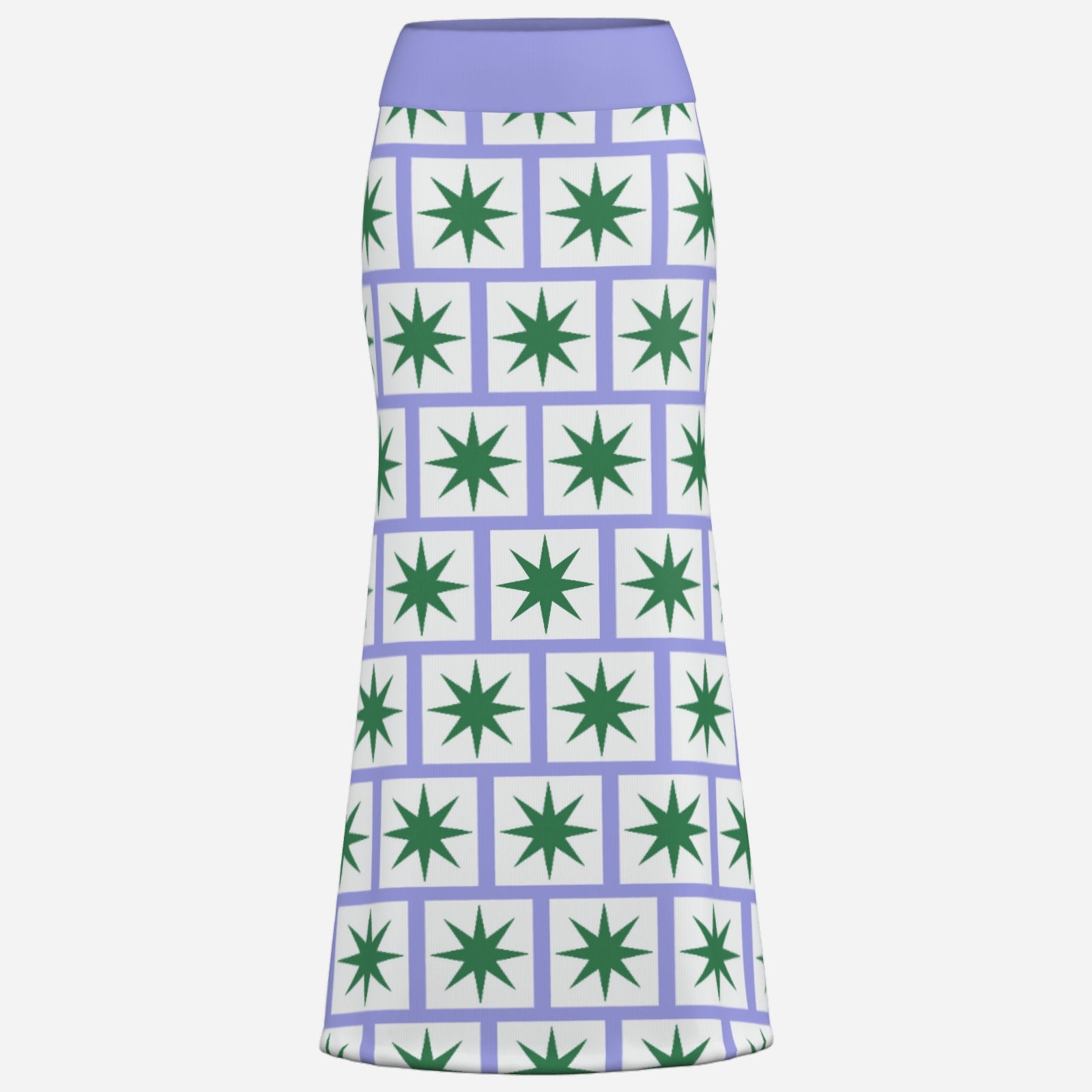 ultra cool bold lilac maxi skirt with flare and geometric 8 point green star on white square tile print by designer Valentina Theodora