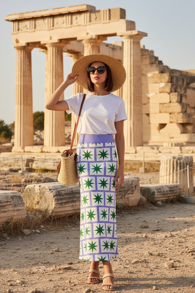 Valentina Theodora Lilac Maxi Flare Skirt — Green Star White Tile Geometric Print