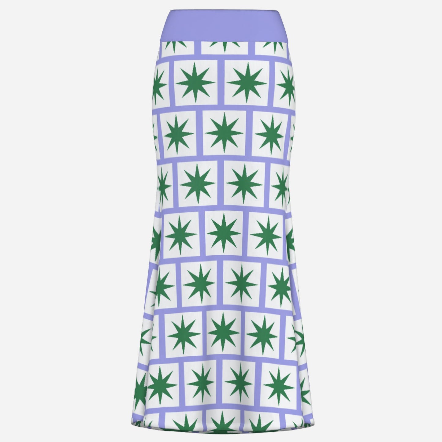 ultra cool bold lilac maxi skirt with flare and geometric 8 point green star on white square tile print by designer Valentina Theodora