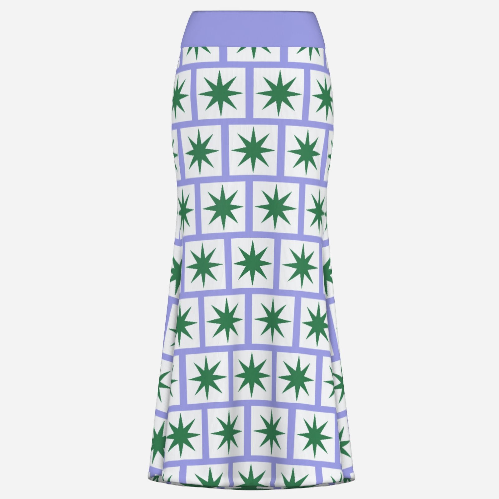 ultra cool bold lilac maxi skirt with flare and geometric 8 point green star on white square tile print by designer Valentina Theodora
