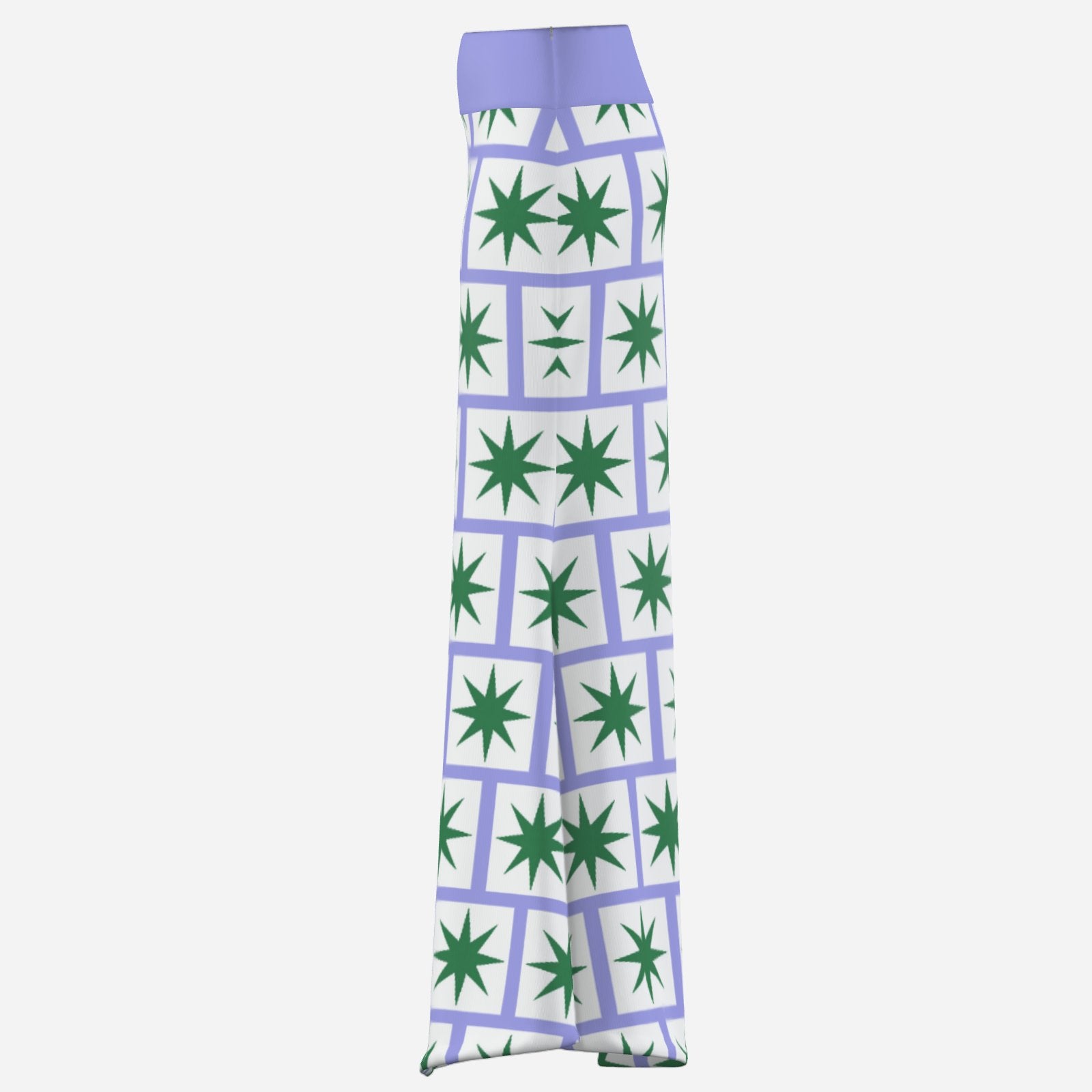 ultra cool bold lilac maxi skirt with flare and geometric 8 point green star on white square tile print by designer Valentina Theodora