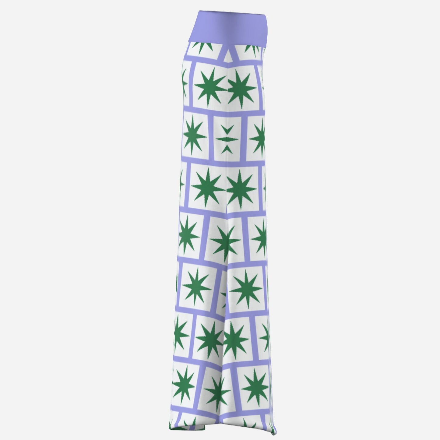 ultra cool bold lilac maxi skirt with flare and geometric 8 point green star on white square tile print by designer Valentina Theodora
