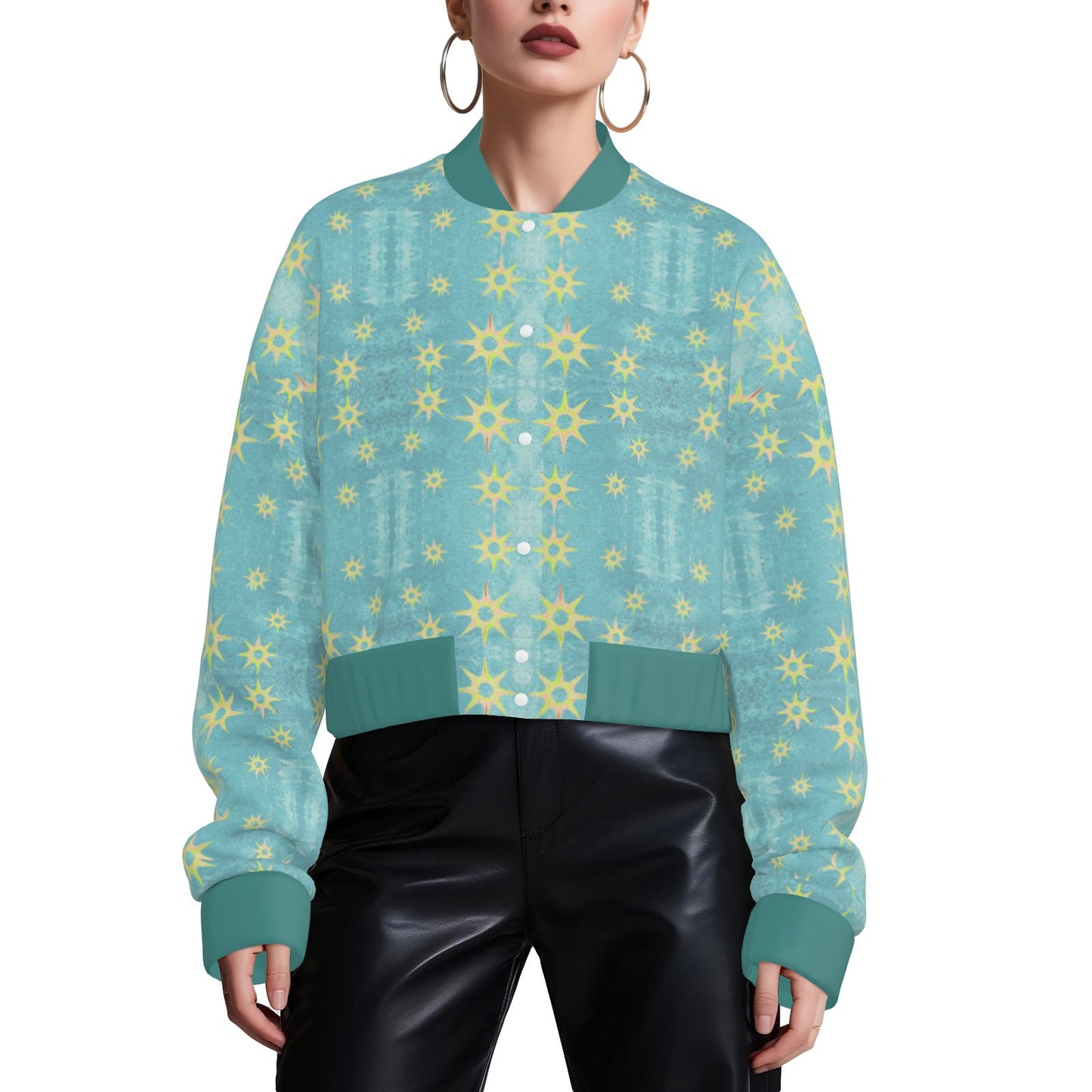 Mellamu designer teal  star fashionable golden trending boxy cropped women’s bomber jacket