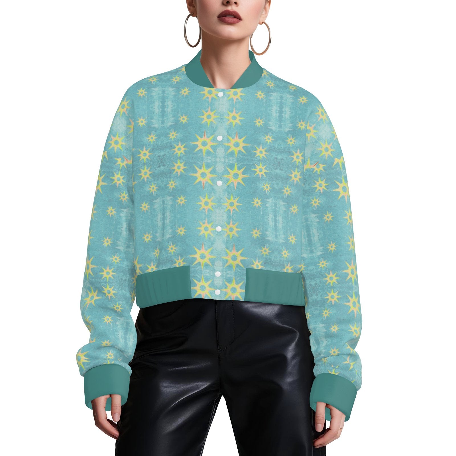 Mellamu designer teal  star fashionable golden trending boxy cropped women’s bomber jacket