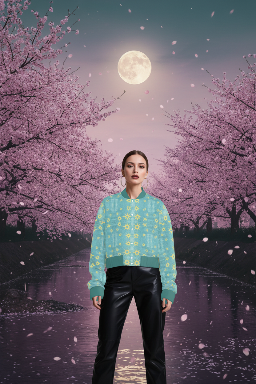 Mellamu designer teal  star fashionable golden trending boxy cropped women’s bomber jacket