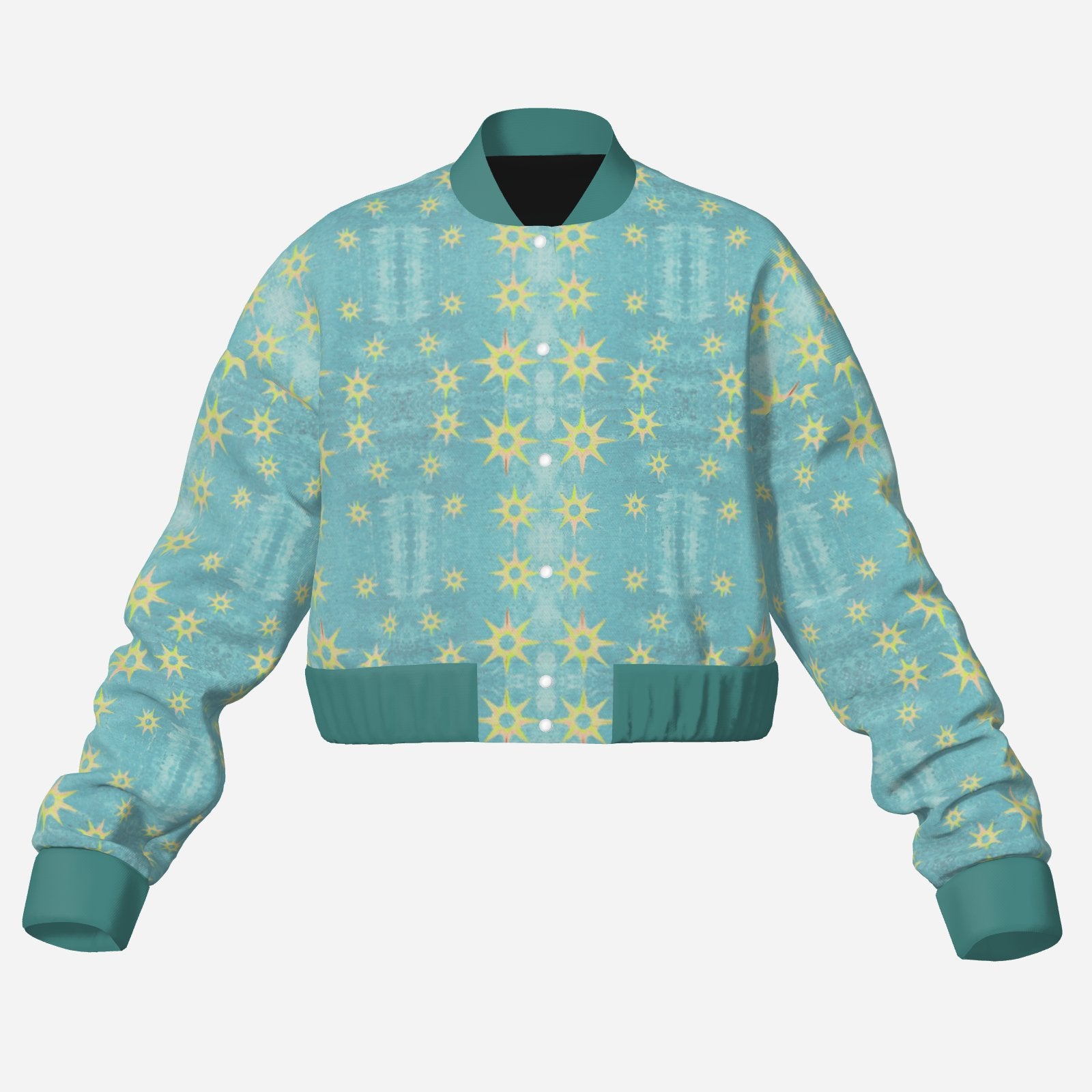 Mellamu designer teal  star fashionable golden trending boxy cropped women’s bomber jacket