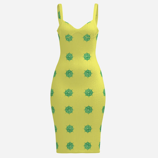 yellow designer dress stunning green medallion fabric sexy sleeveless tight Melammu dress viral