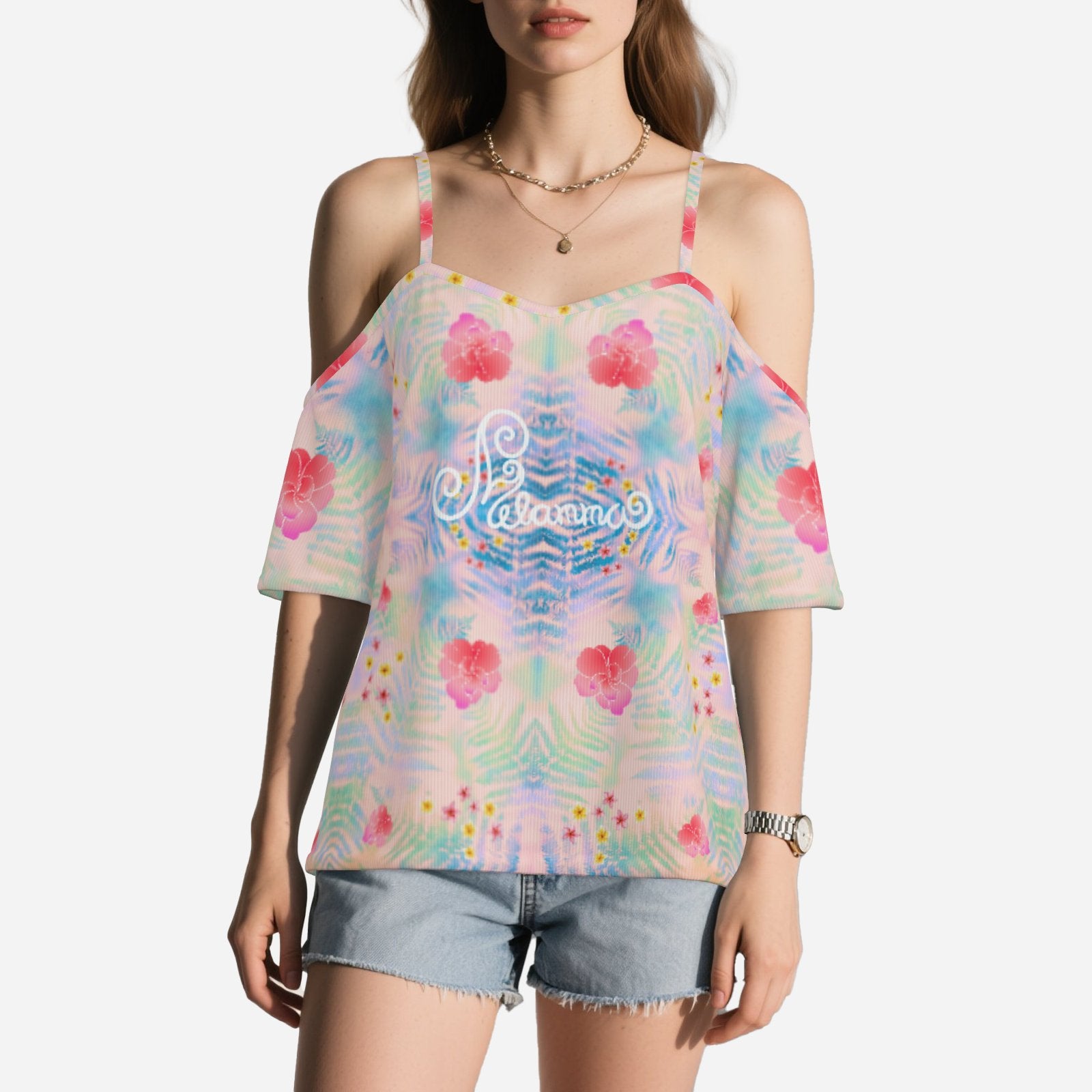 Geometric print shoulderless top botanical melammu pink garment multicolour
