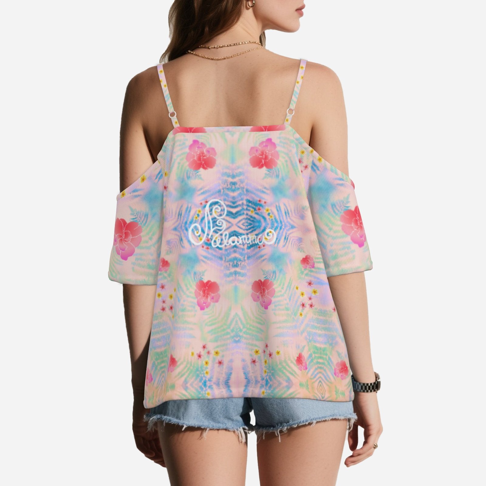 Geometric print shoulderless top botanical melammu pink garment
