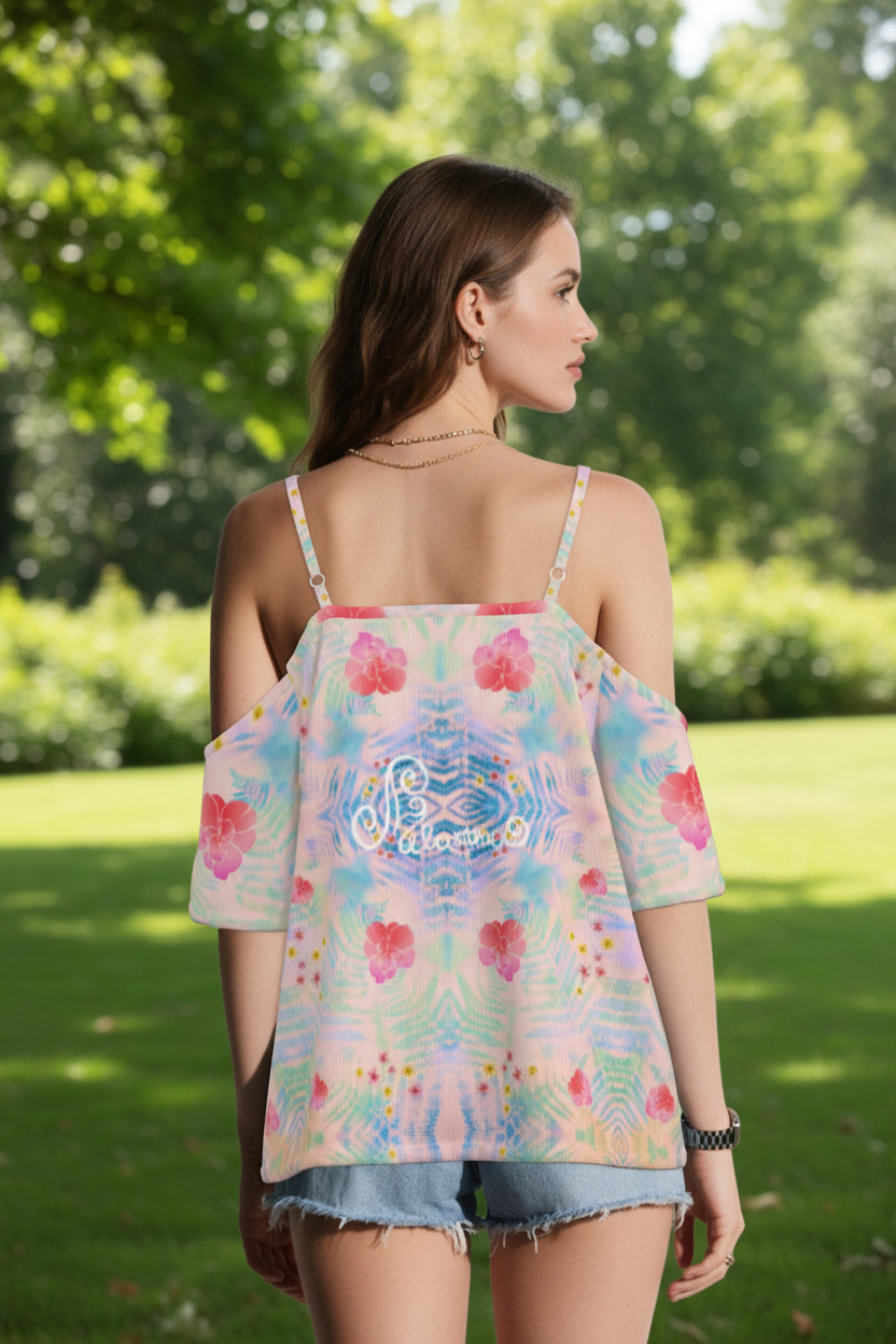 Geometric print shoulderless top botanical melammu pink garment