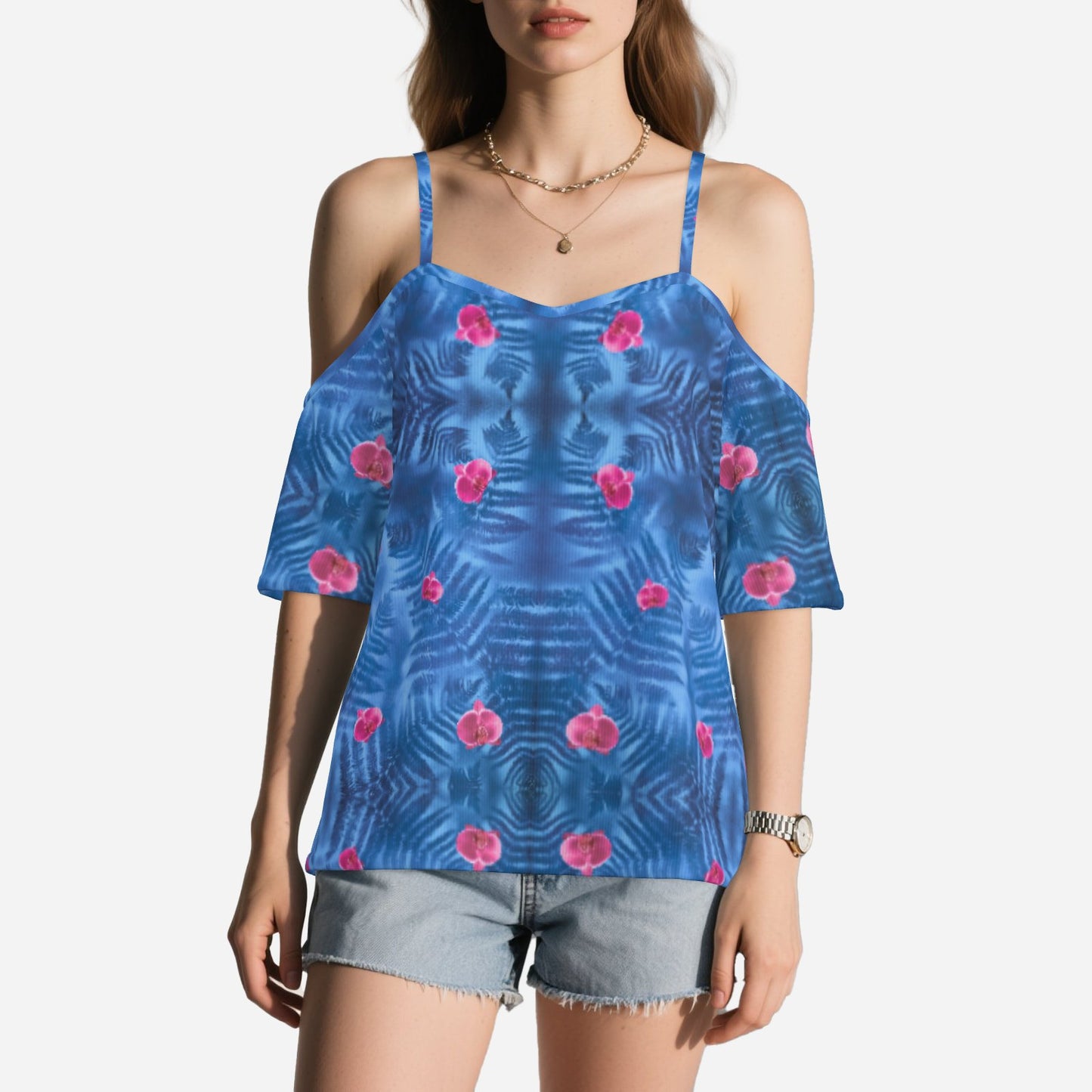 Geometric print shoulderless long top botanical melammu dark blue and violet floral garment with short sleeves