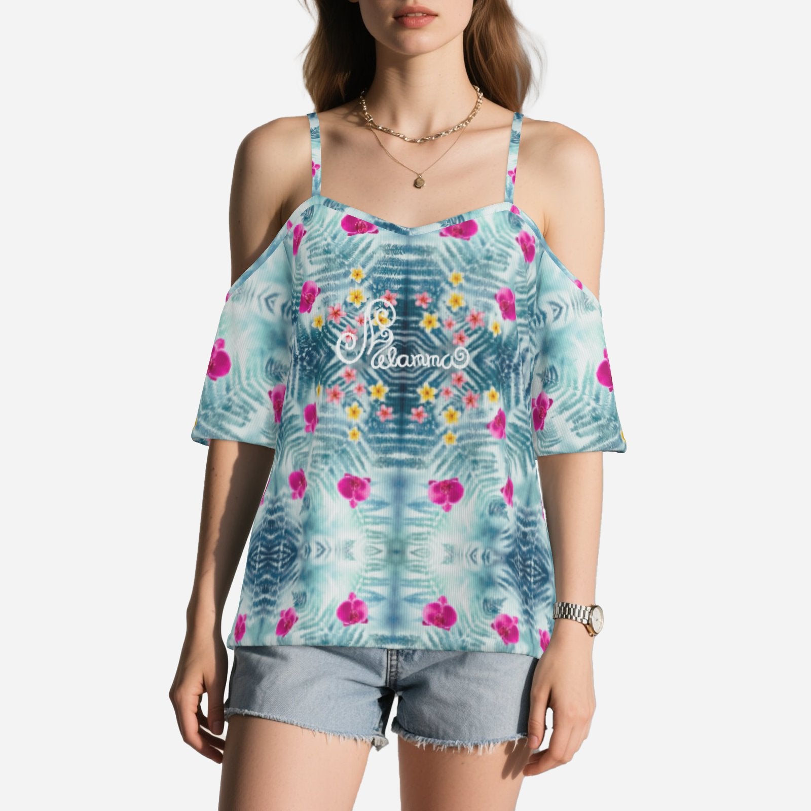 Geometric print shoulderless long top botanical melammu navy blue and violet floral garment with short sleeves