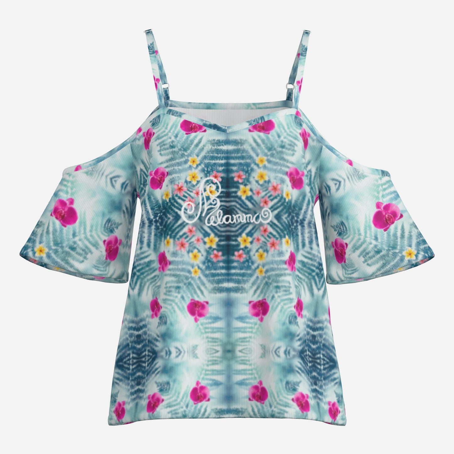 Geometric print shoulderless long top botanical melammu blue floral garment with short sleeves