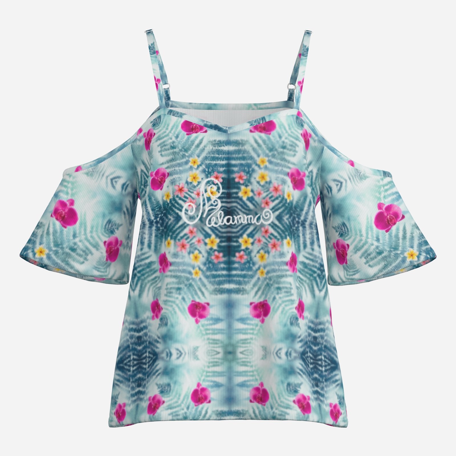 Geometric print shoulderless long top botanical melammu blue floral garment with short sleeves