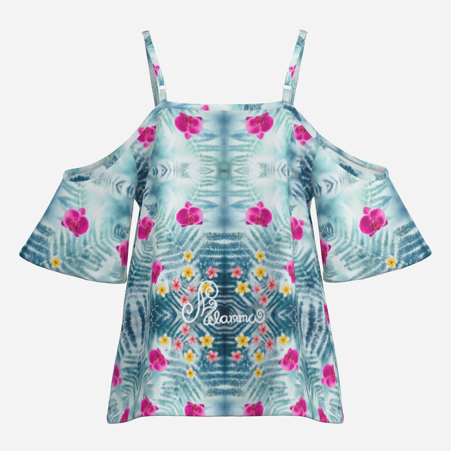Geometric print shoulderless long top botanical melammu blue floral garment with short sleeves