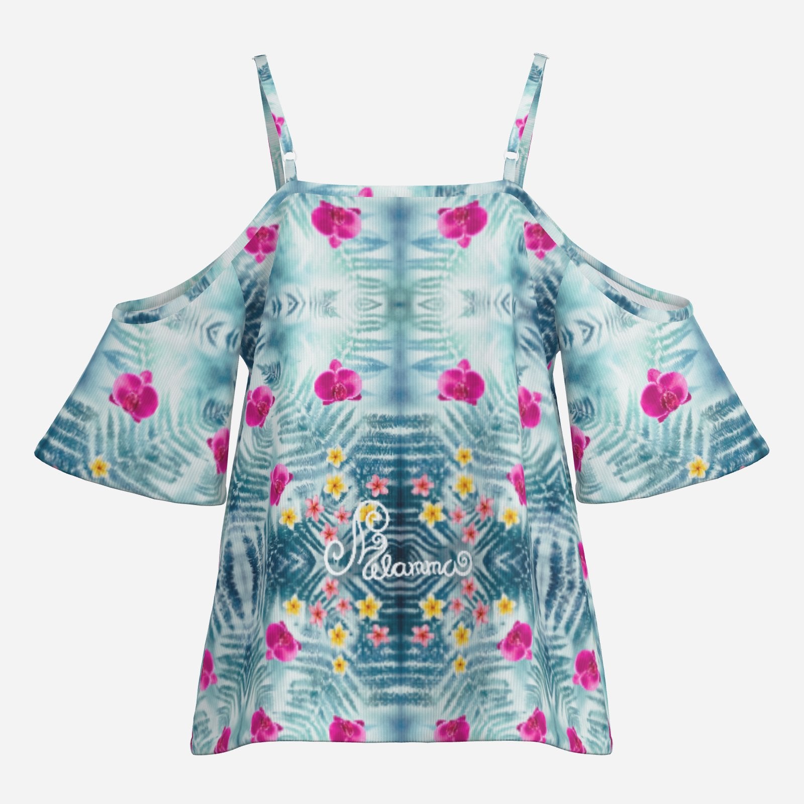 Geometric print shoulderless long top botanical melammu blue floral garment with short sleeves