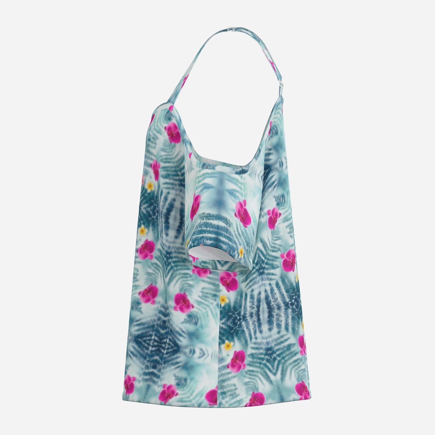 Geometric print shoulderless long top botanical melammu blue floral garment with short sleeves