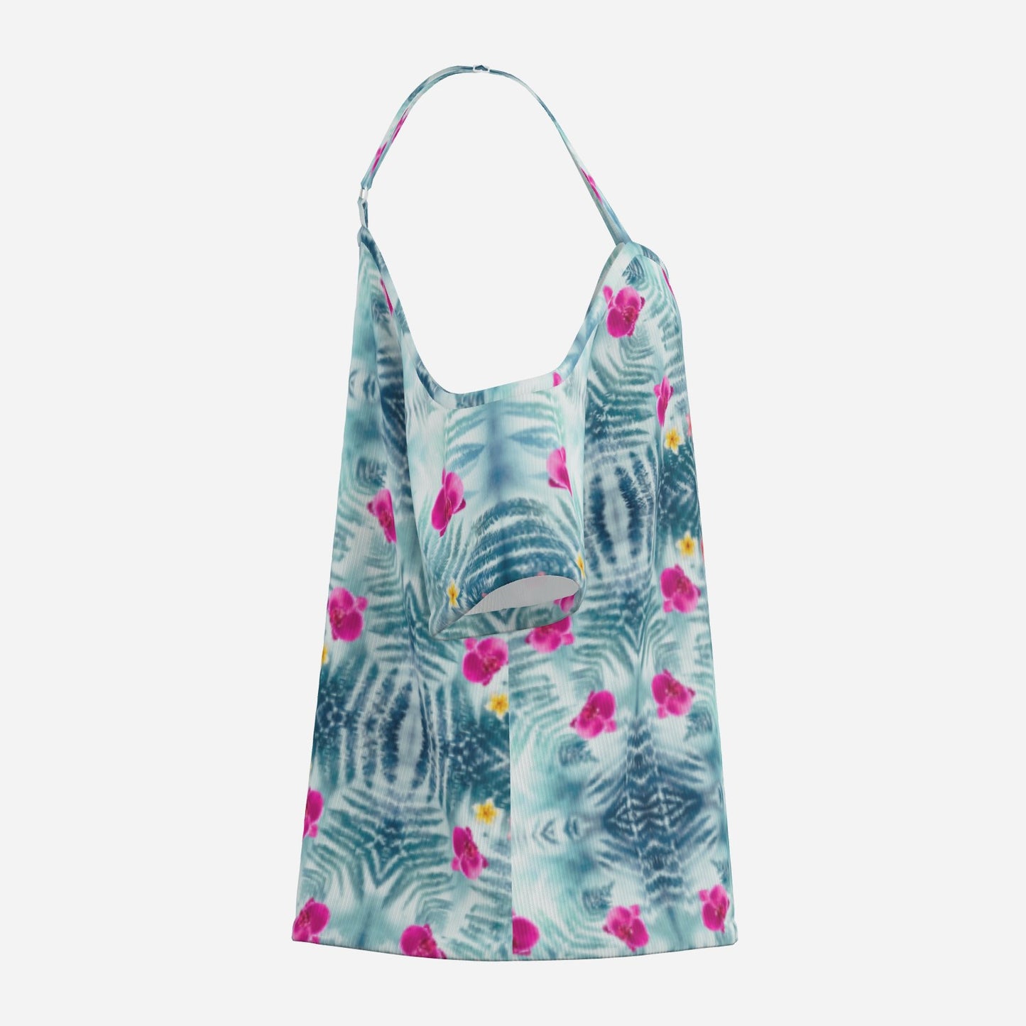 Geometric print shoulderless long top botanical melammu blue floral garment with short sleeves