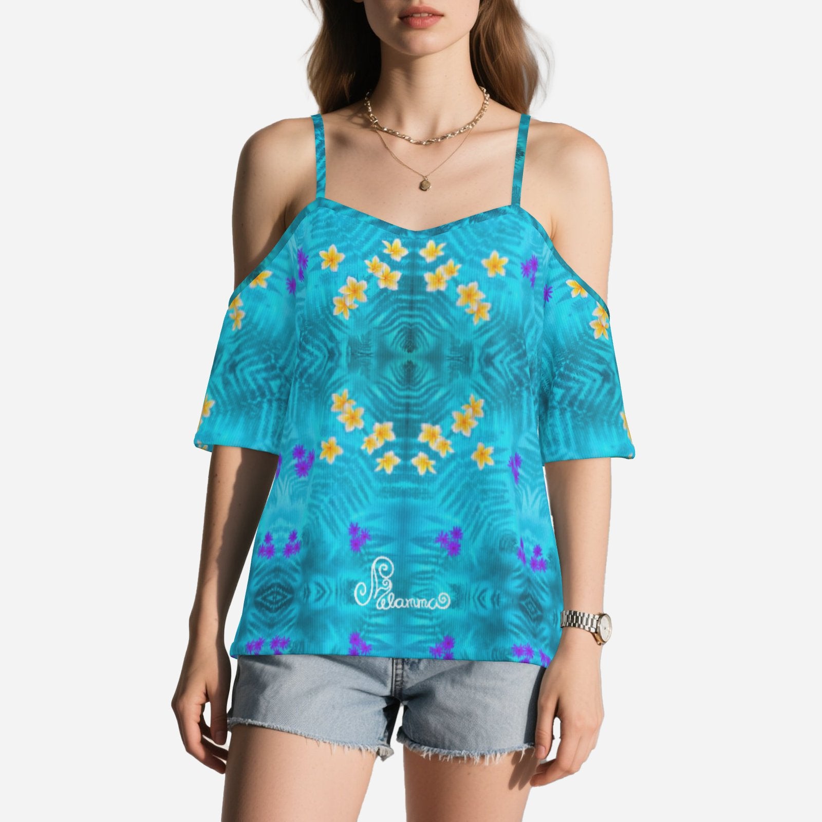 Geometric print shoulderless long top botanical melammu blue floral garment with short sleeves