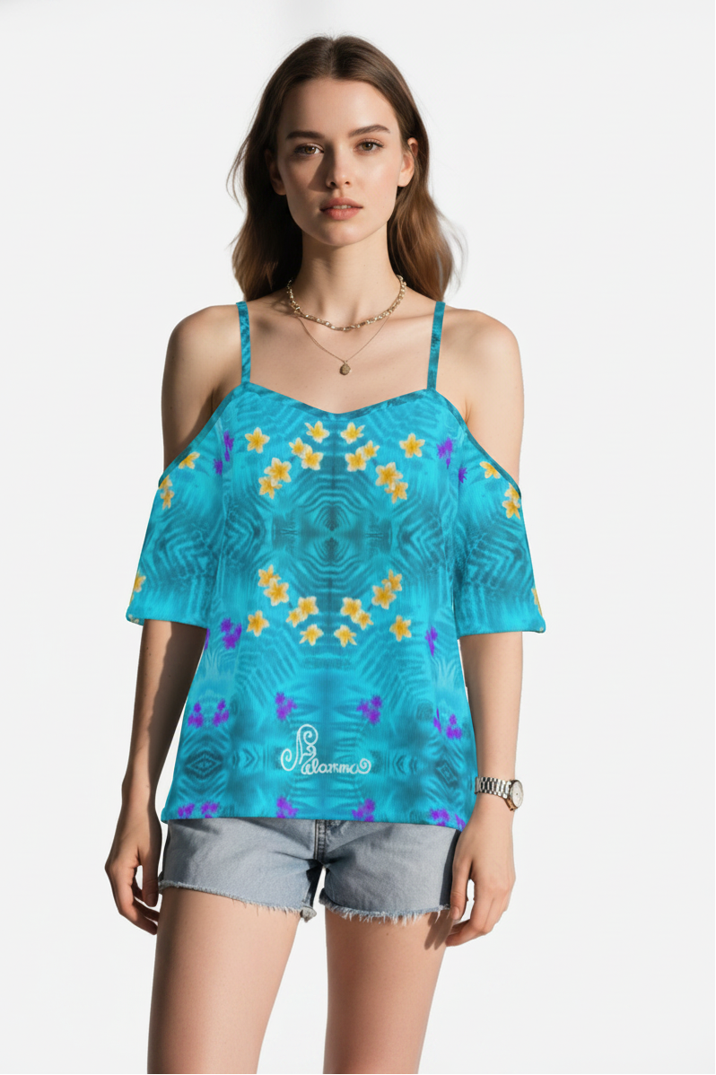 Geometric print shoulderless long top botanical melammu blue floral garment with short sleeves