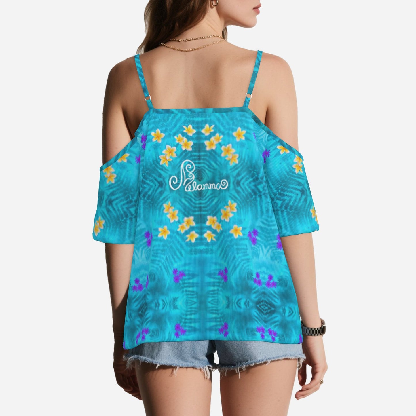 Geometric print shoulderless long top botanical melammu blue floral garment with short sleeves