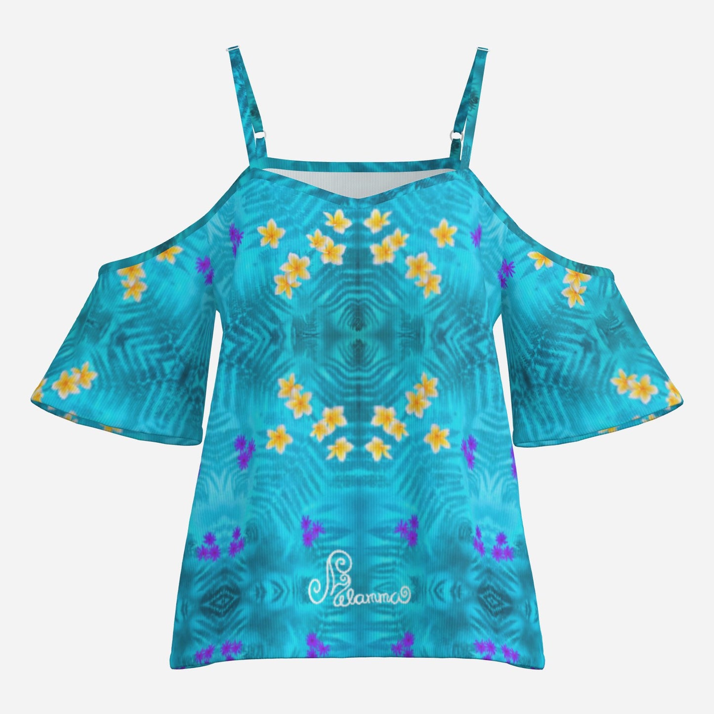 Geometric print shoulderless long top botanical melammu blue floral garment with short sleeves