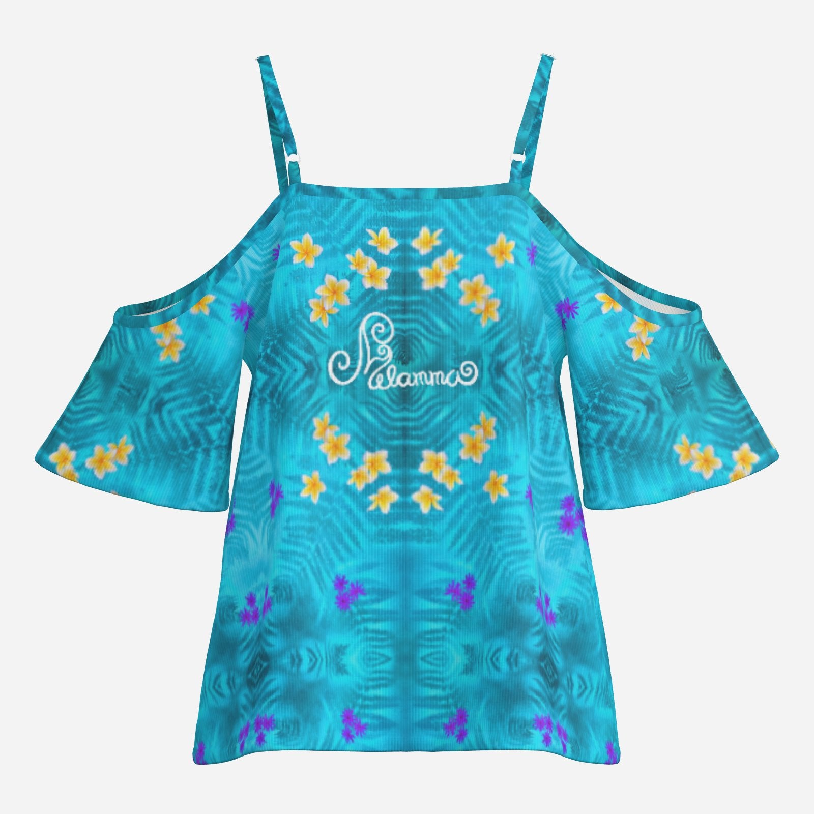 Geometric print shoulderless long top botanical melammu blue floral garment with short sleeves