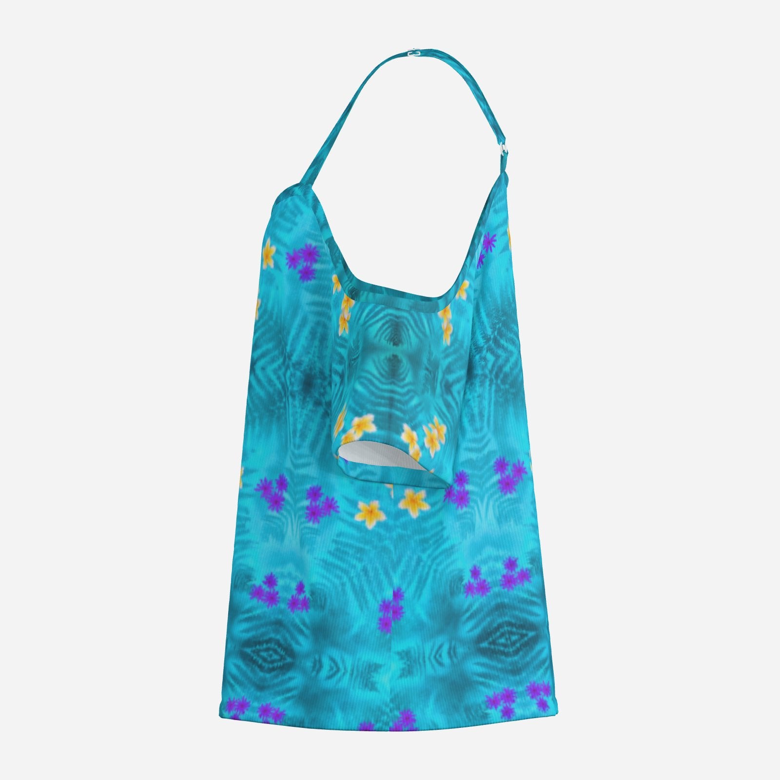 Geometric print shoulderless long top botanical melammu blue floral garment with short sleeves