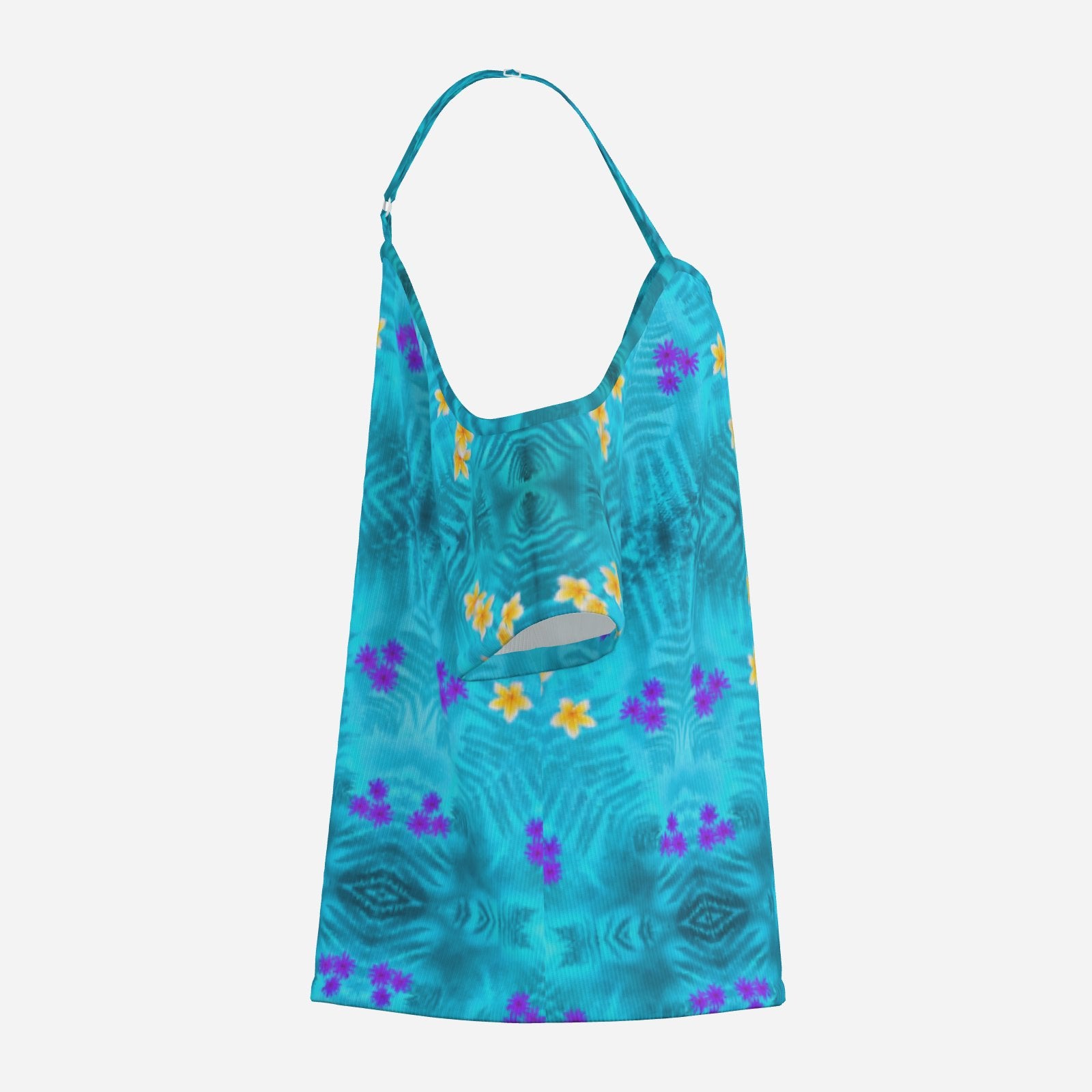 Geometric print shoulderless long top botanical melammu blue floral garment with short sleeves