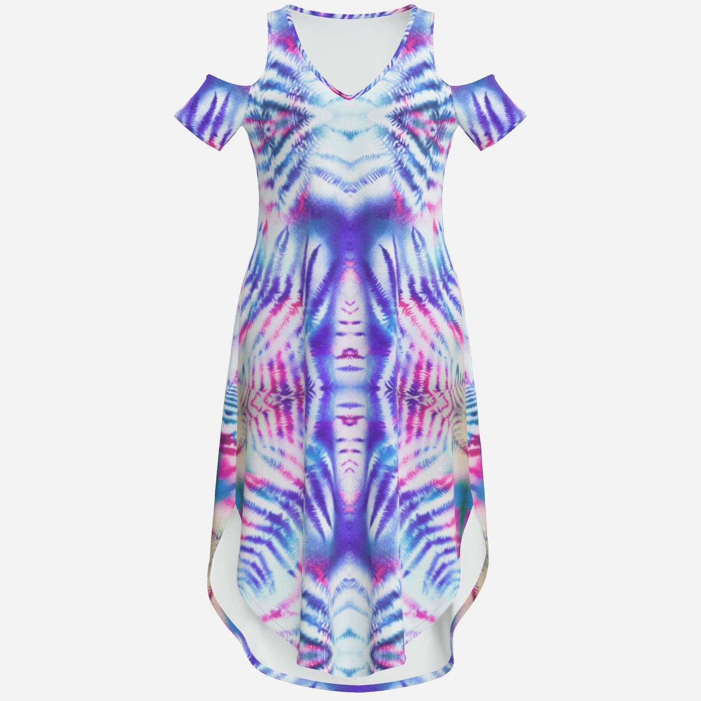 botanical kaleidoscopic geometric Blue white and purple Melammu off the shoulder dress
