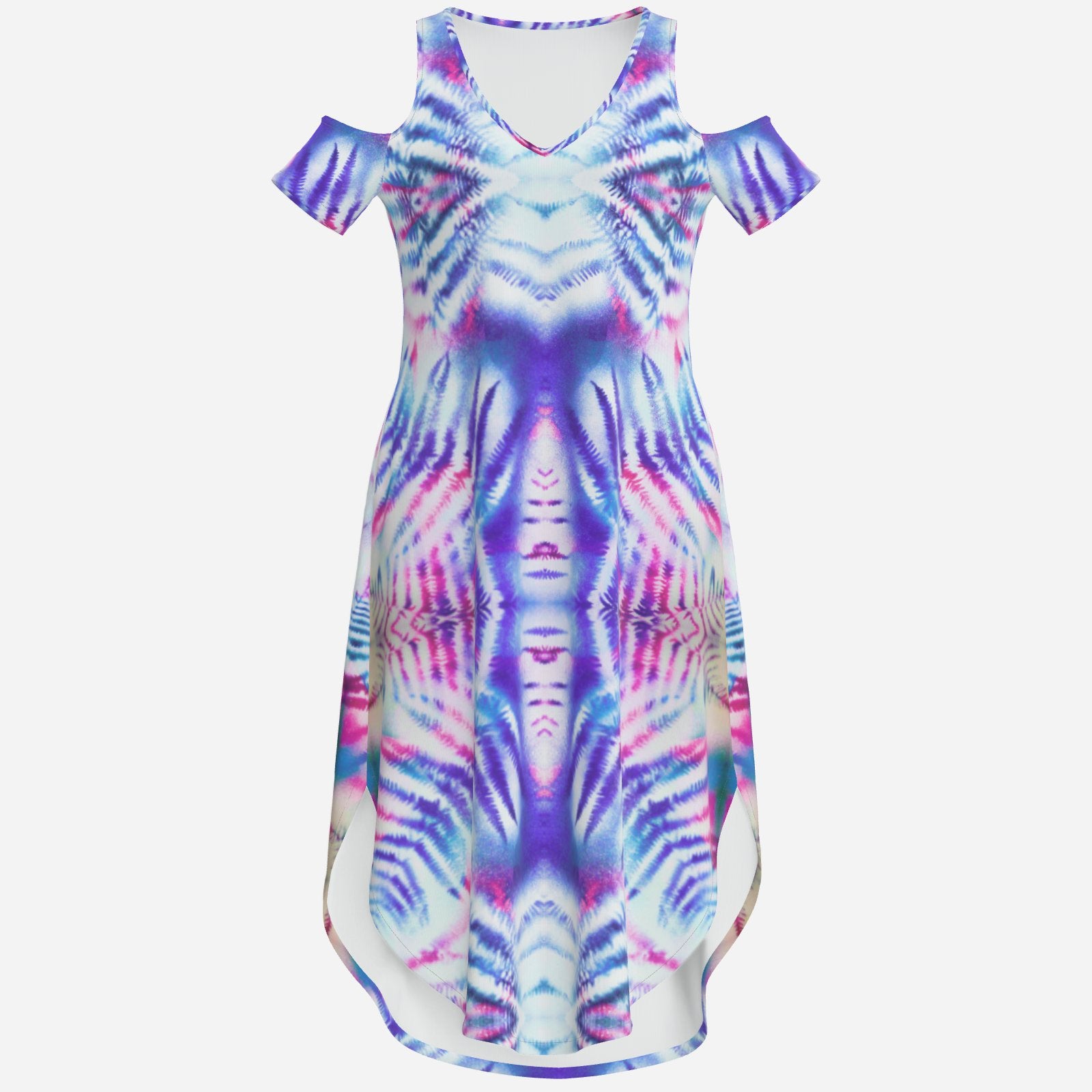 botanical kaleidoscopic geometric Blue white and purple Melammu off the shoulder dress
