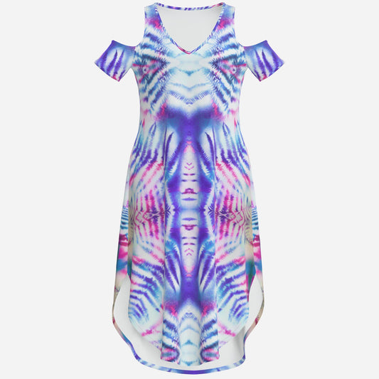 botanical kaleidoscopic geometric Blue white and purple Melammu off the shoulder dress