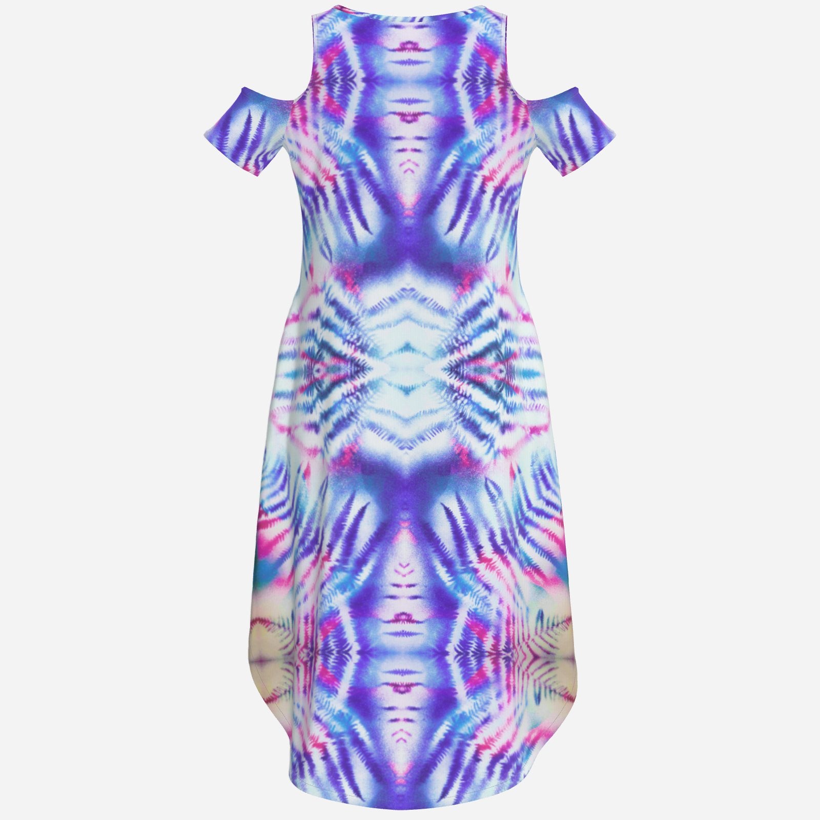 botanical kaleidoscopic geometric Blue white and purple Melammu off the shoulder dress boho