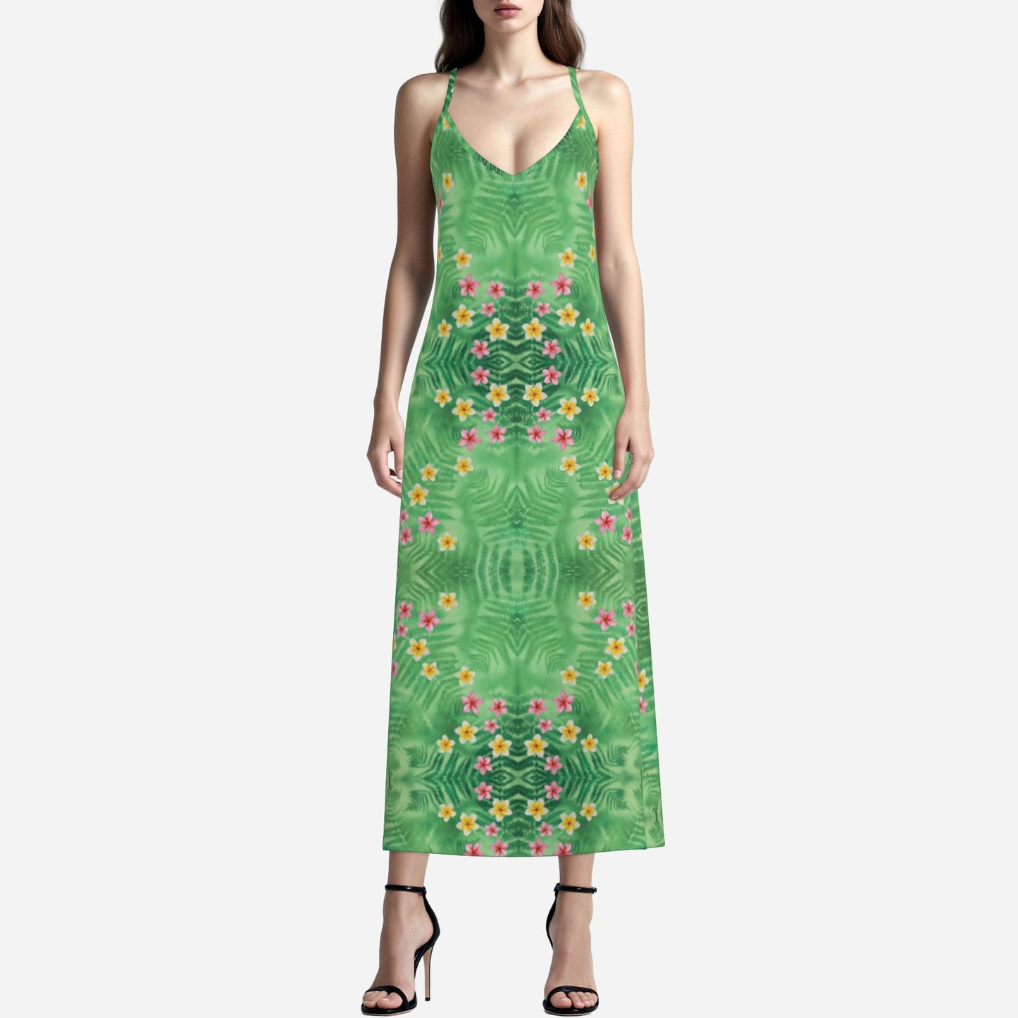 Melammu green geometric fern sleeveless v neck maxi dress with garlands of pink and yellow frangipane