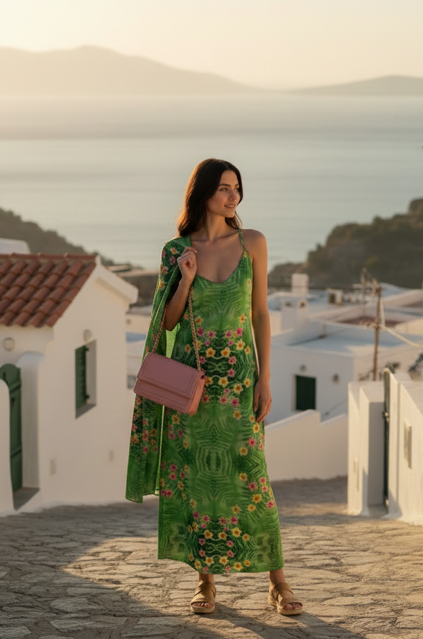 Melammu green geometric fern sleeveless v neck maxi dress with garlands of pink and yellow frangipane