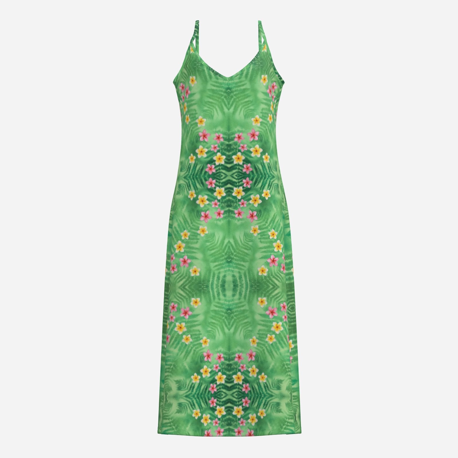 Melammu green geometric fern sleeveless v neck maxi dress with garlands of pink and yellow frangipane