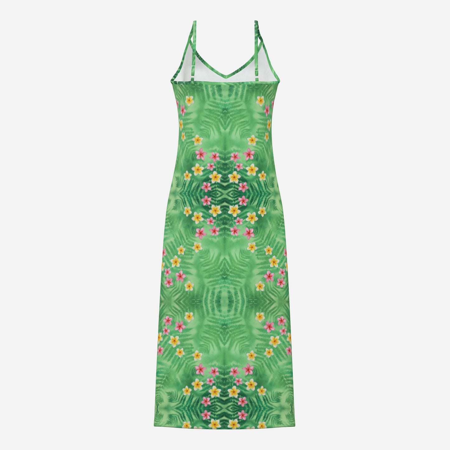 Melammu green geometric fern sleeveless v neck maxi dress with garlands of pink and yellow frangipane
