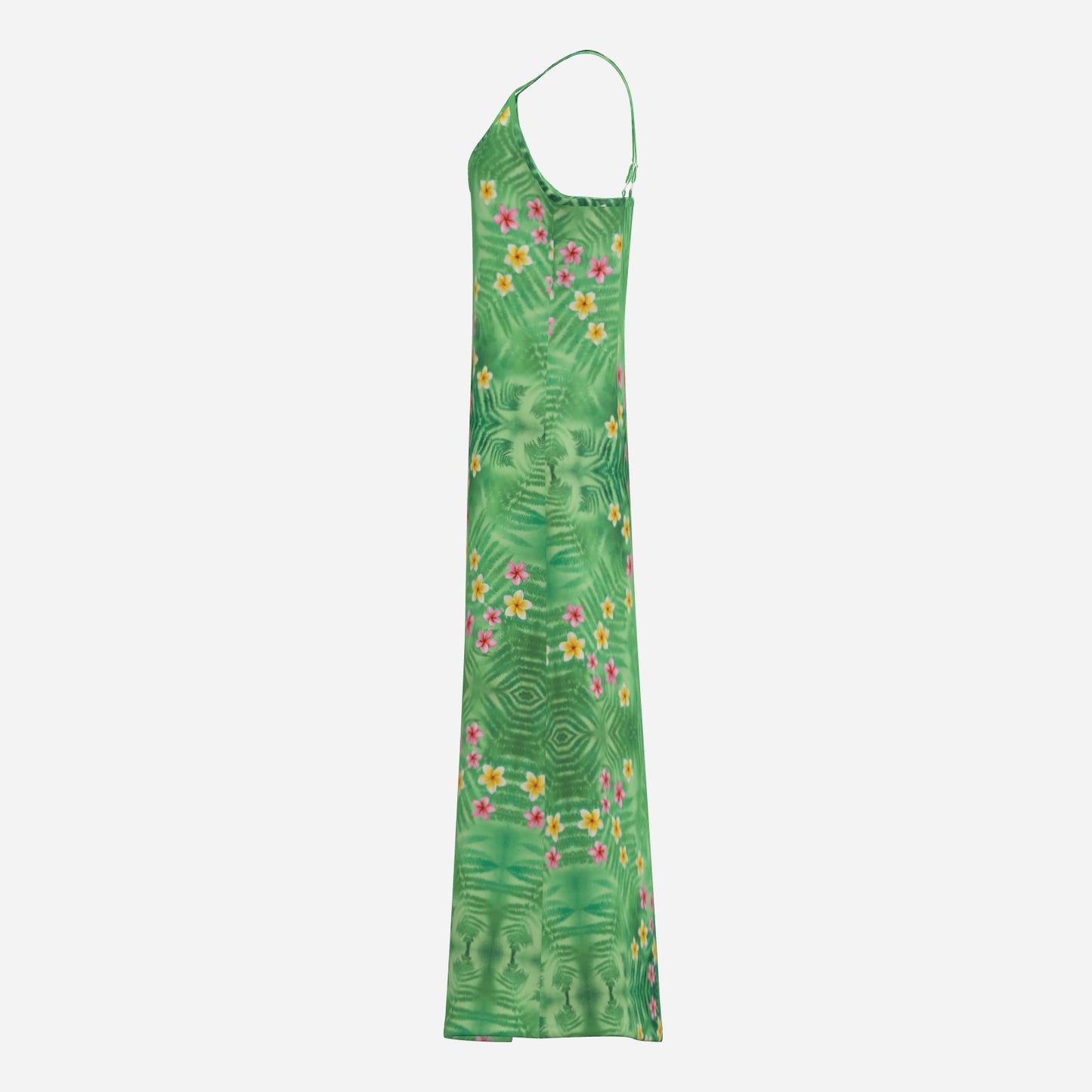 Melammu green geometric fern sleeveless v neck maxi dress with garlands of pink and yellow frangipane