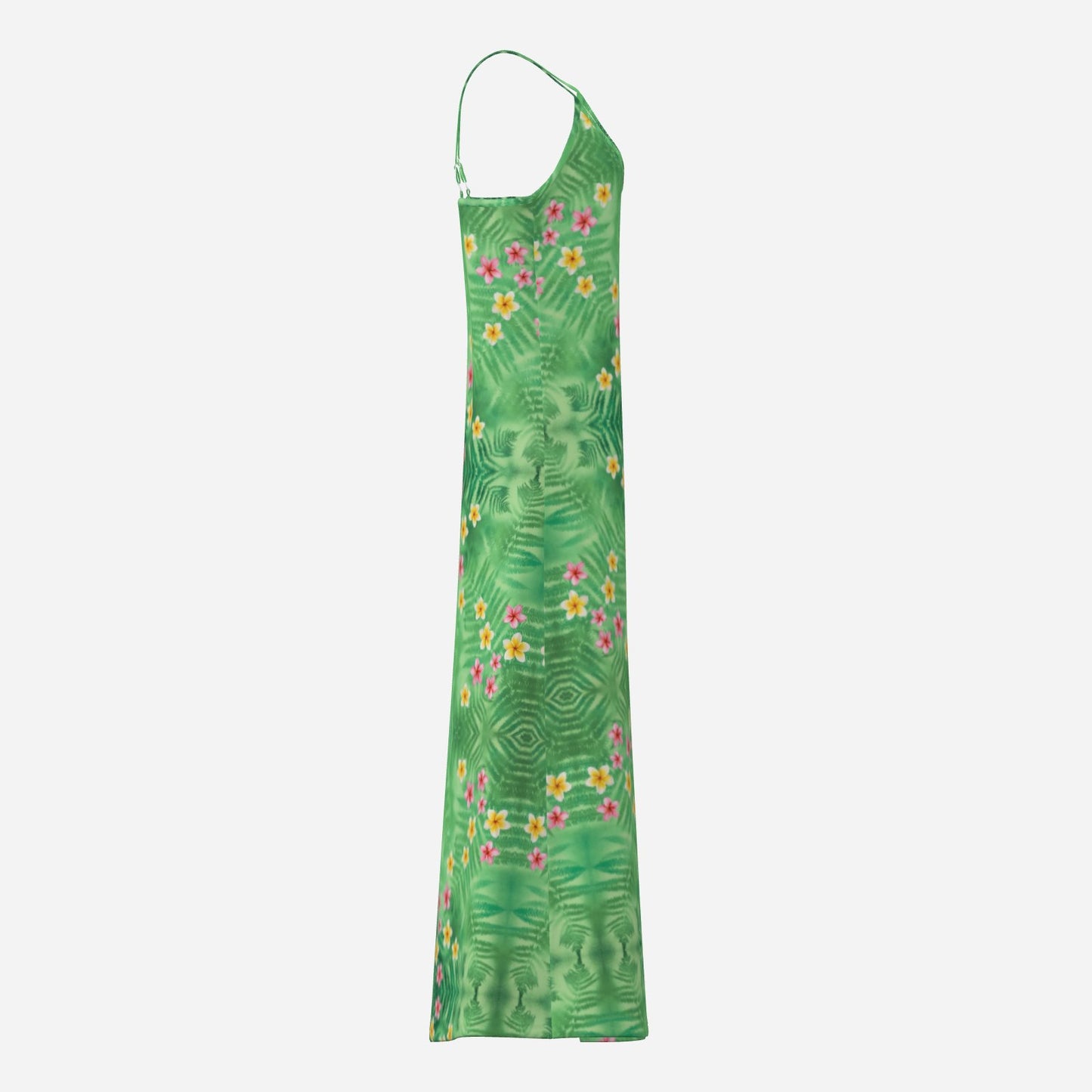 Melammu green geometric fern sleeveless v neck maxi dress with garlands of pink and yellow frangipane