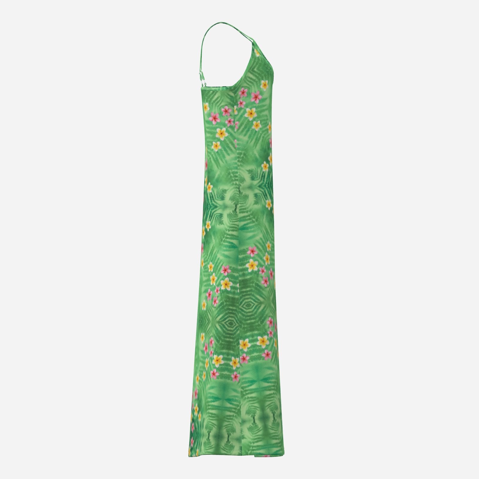 Melammu green geometric fern sleeveless v neck maxi dress with garlands of pink and yellow frangipane