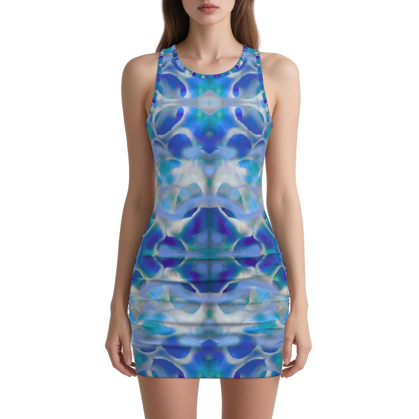 botanical kaleidoscopic geometric Blue white and turquoise Melammu ruched mini sleeveless dress