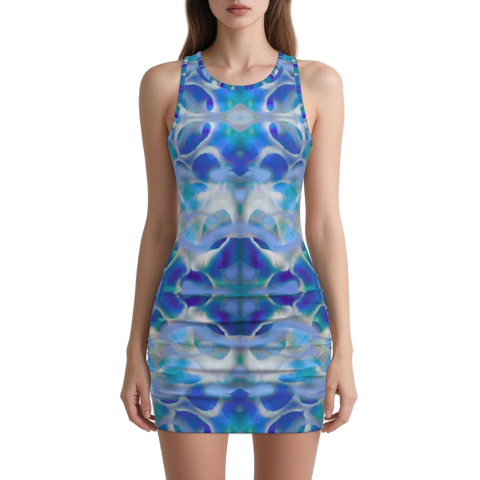 botanical kaleidoscopic geometric Blue white and turquoise Melammu ruched mini sleeveless dress