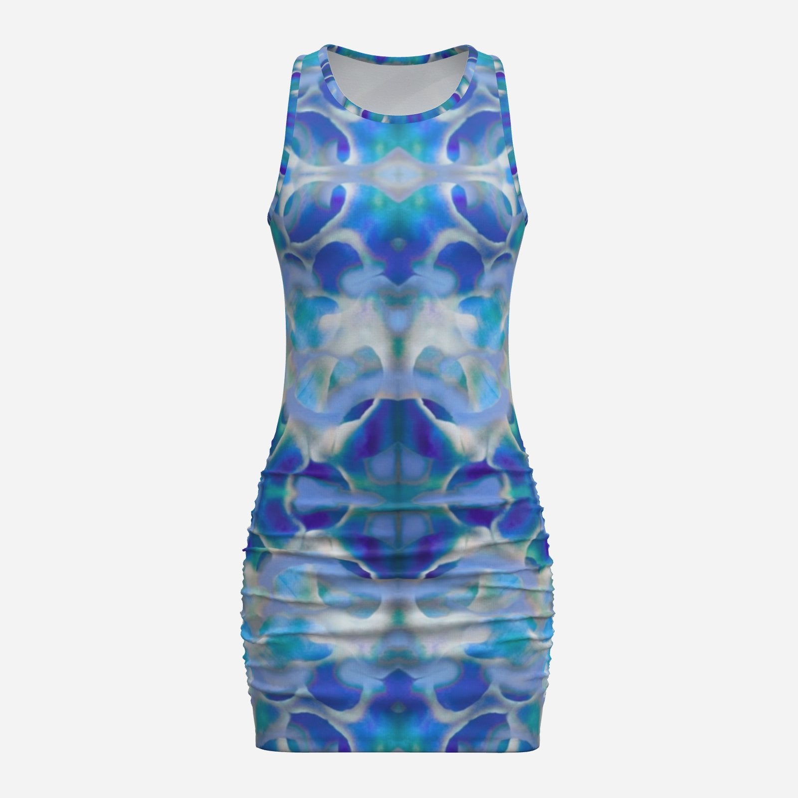 botanical kaleidoscopic geometric Blue white and turquoise Melammu ruched mini sleeveless dress